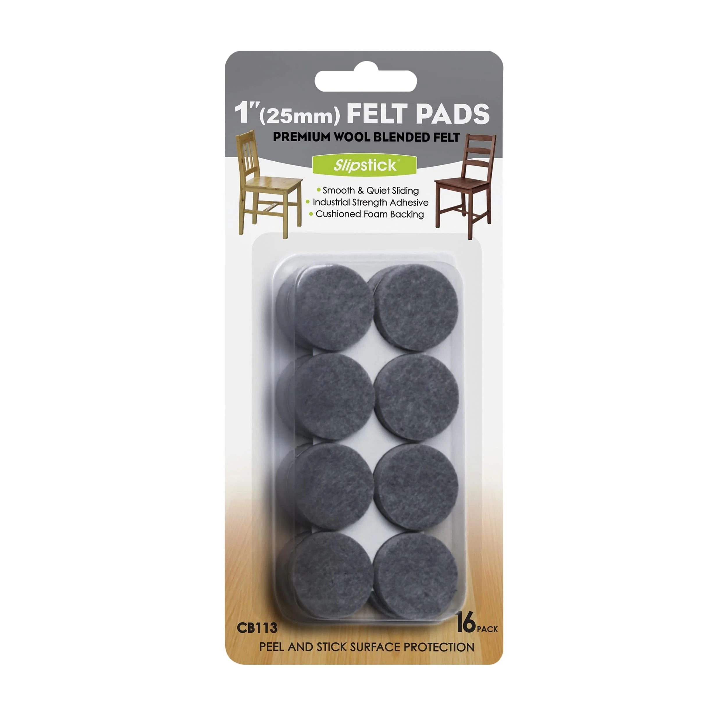 Heavy Duty Self Stick Felt Pads - 1" - Round - 16 Piece