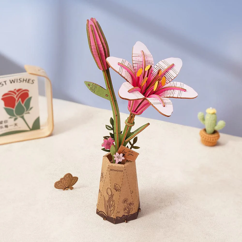 Pink Lily 3D Wooden Flower Model Kit