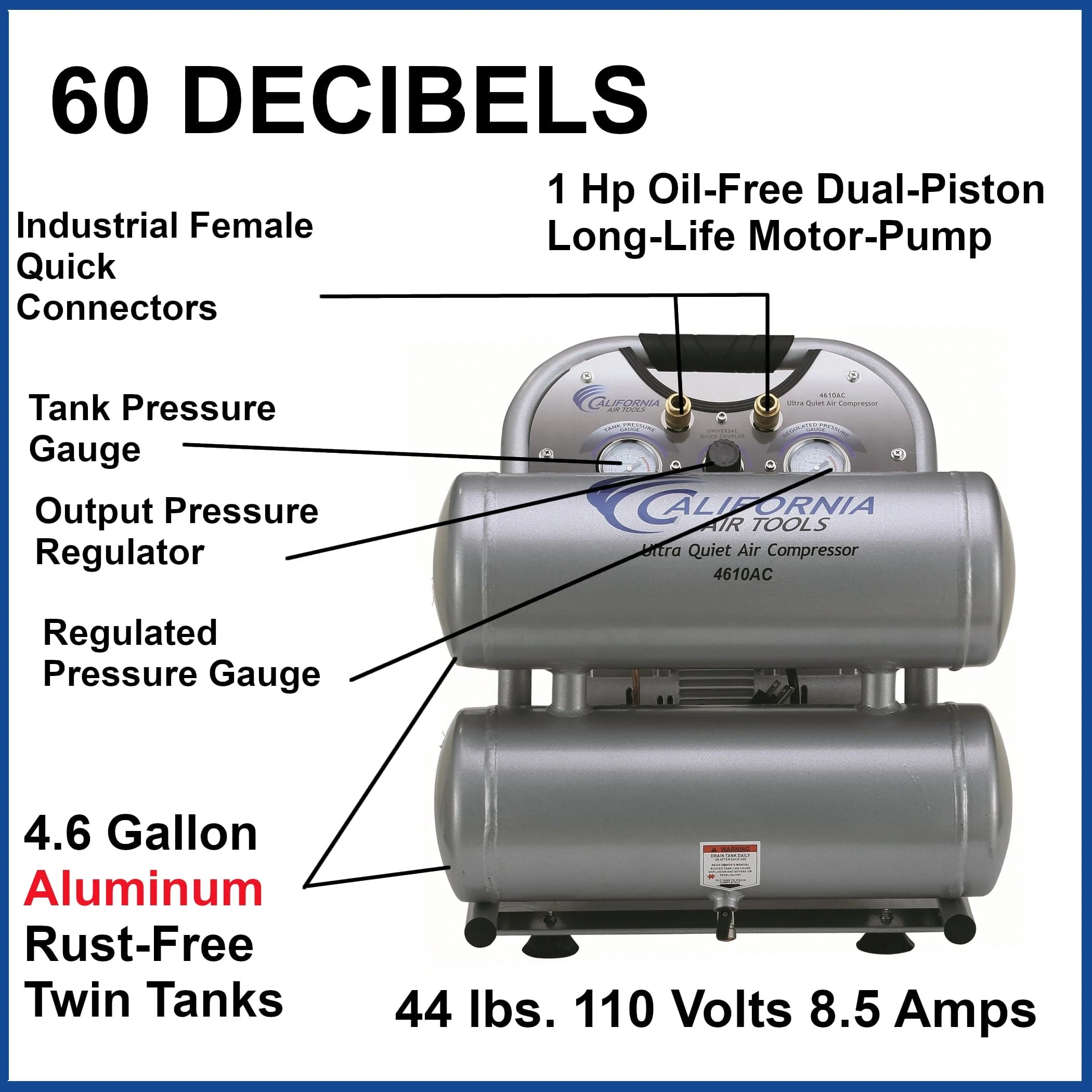 1HP 4.6 Gallon Oil-Free Twin Portable Aluminum Tank Air Compressor